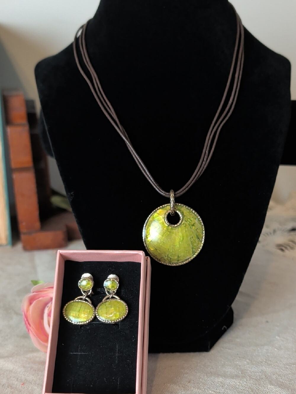 Vintage Monet Shell Mosaic Pendant Necklace & Matching Clip Earrings Set